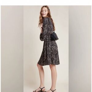 Maeve by Anthropologie Long Sleeve Dress Black w/Delicate Botanical Print XS EUC